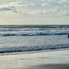 A surfer stands in the ocean next to a beach with the waves rolling in.